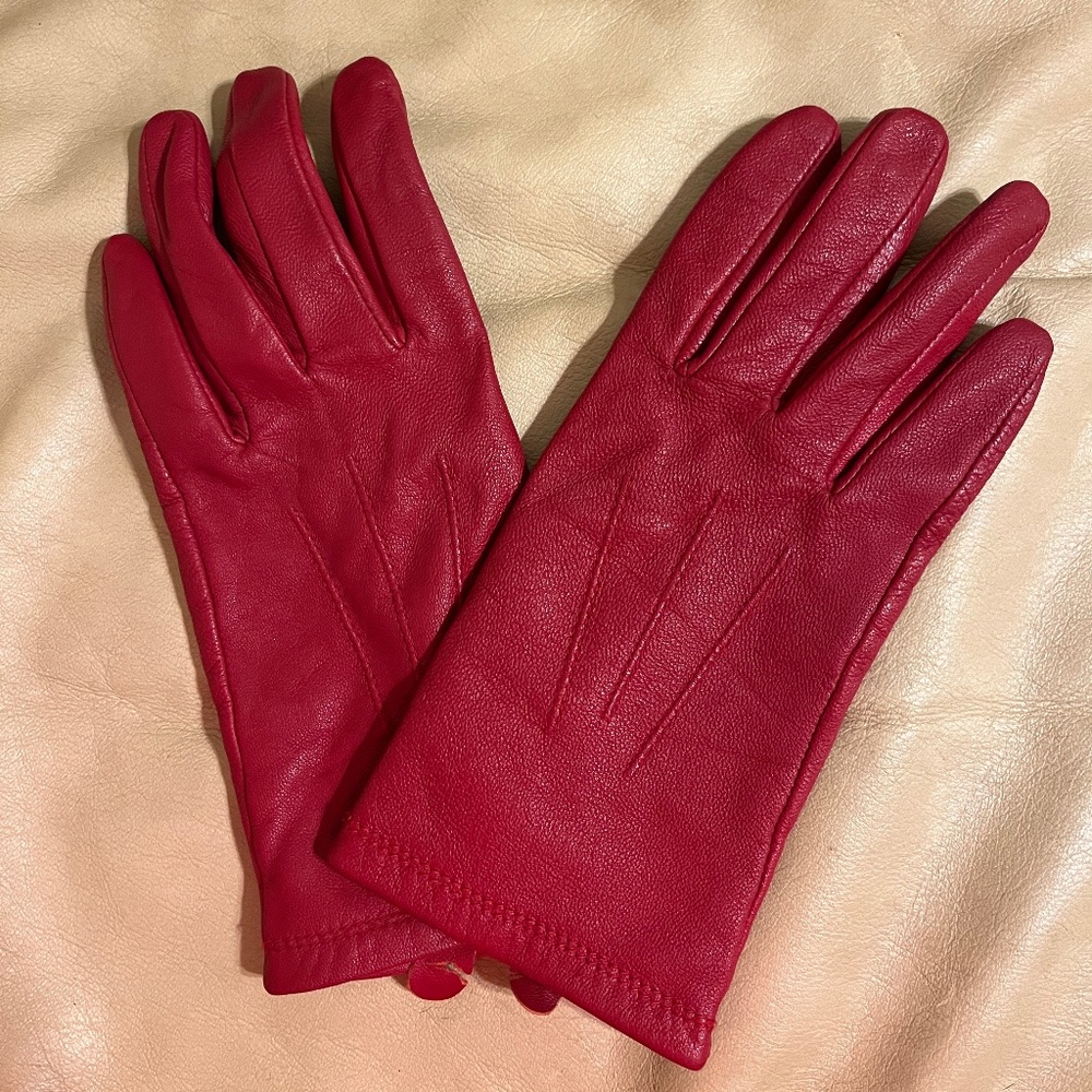 Women's Red Leather Gloves, Genuine Leather, Size Small